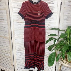 FOXIEDOX Cassius Striped Mesh Crochet Trim Maxi Dress New W/ Tags Black Red XL